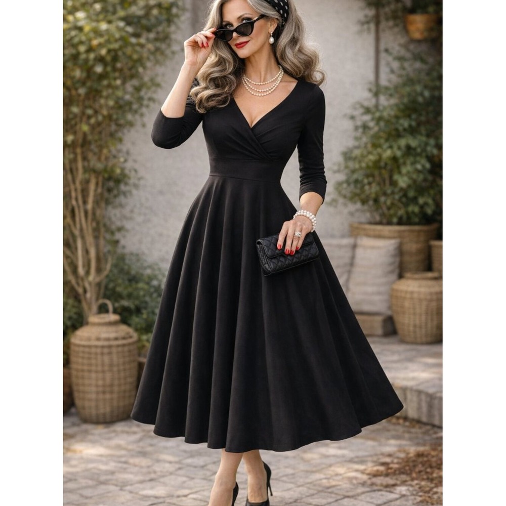 Pinup Couture Black Monica Swing Dress 3/4 Sleeve Vintage Style Pockets Medium